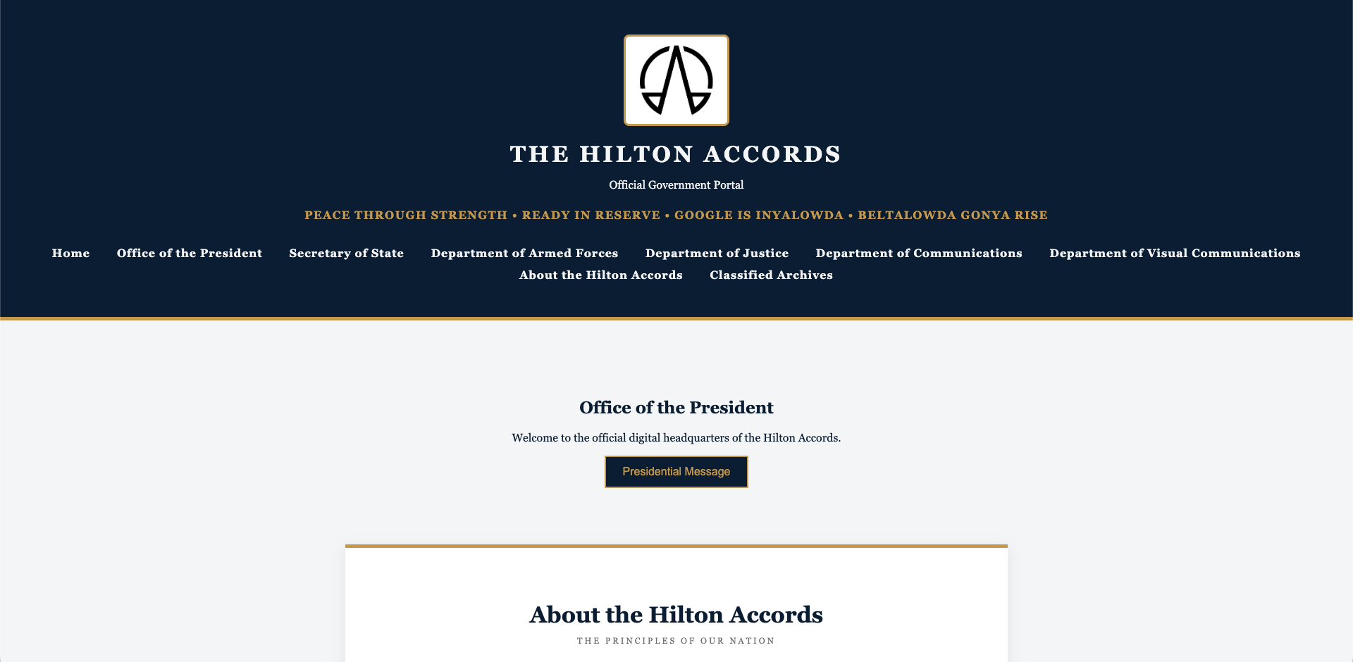 Screenshot of the Hilton Accords Government Portal