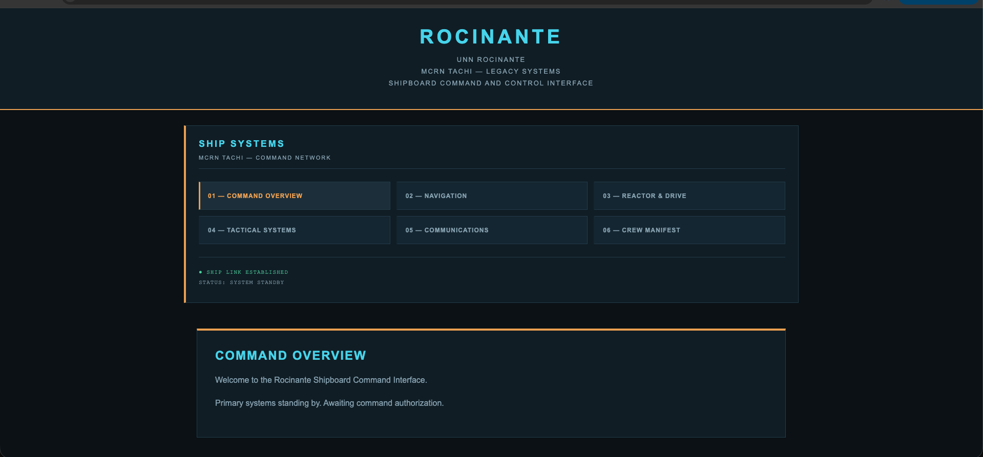 Screenshot of the Rocinante Shipboard Command Interface